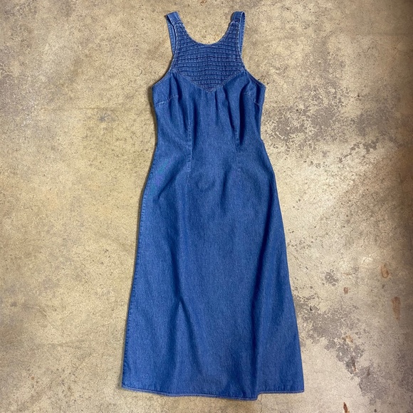 Vintage 1990's Denim Apron Sundress Geometric Bodice Inset